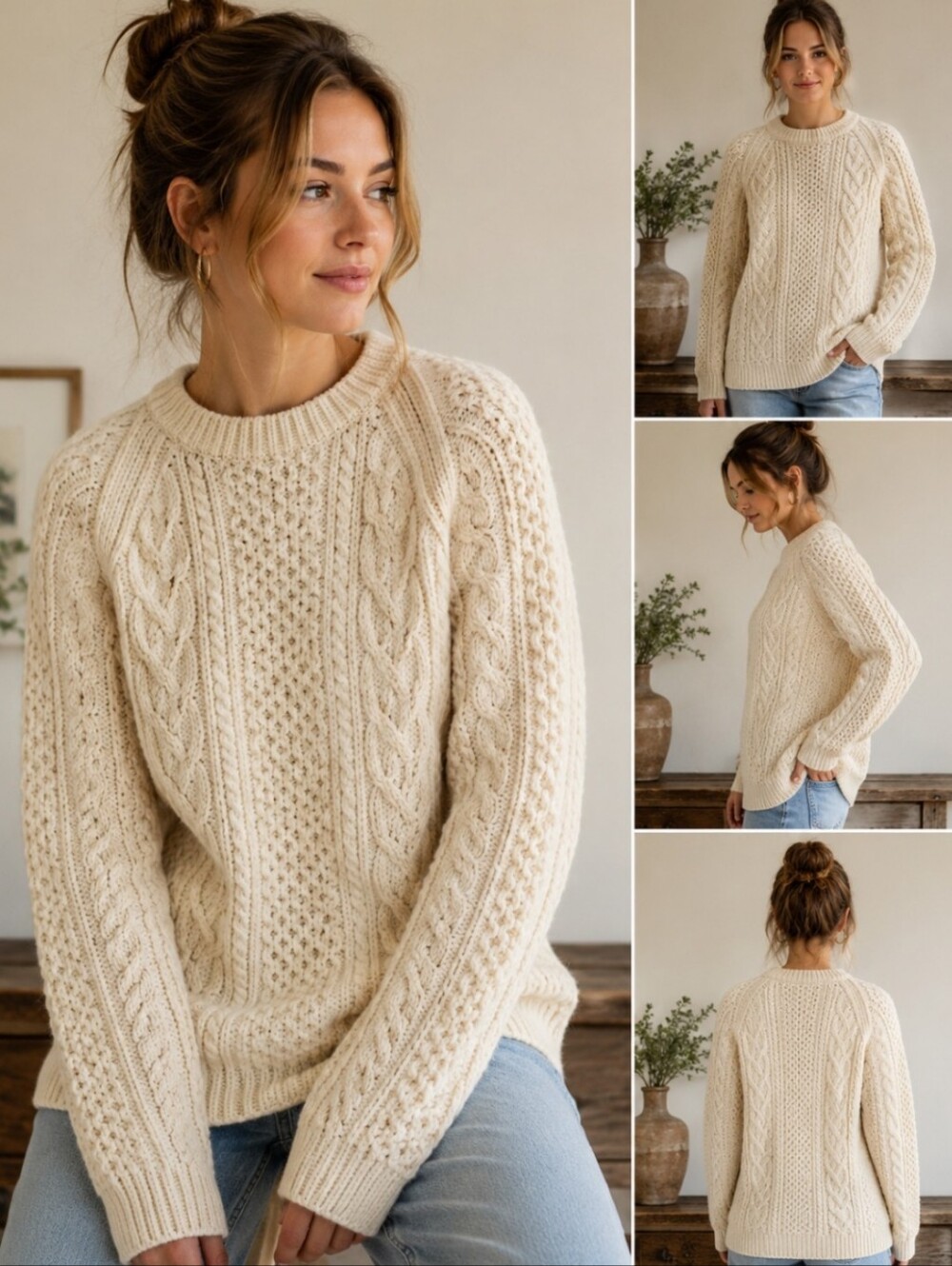 Vintage Irish Aran Sweater Blaney Woollen Mills Handknit Pure New Wool Cream